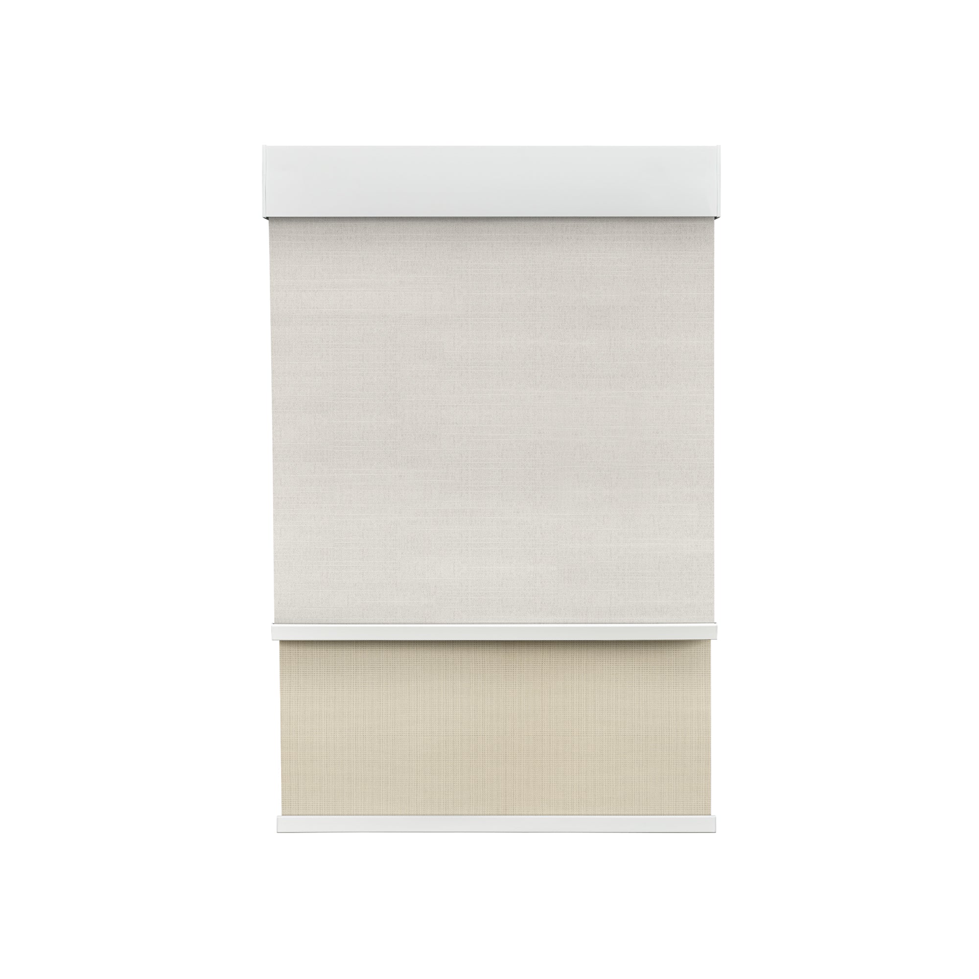 Room Darkening Beach Sand (Front Fabric) & Light Filtering Beige (Back Fabric) on Dual-Roller Automatic Shade 
