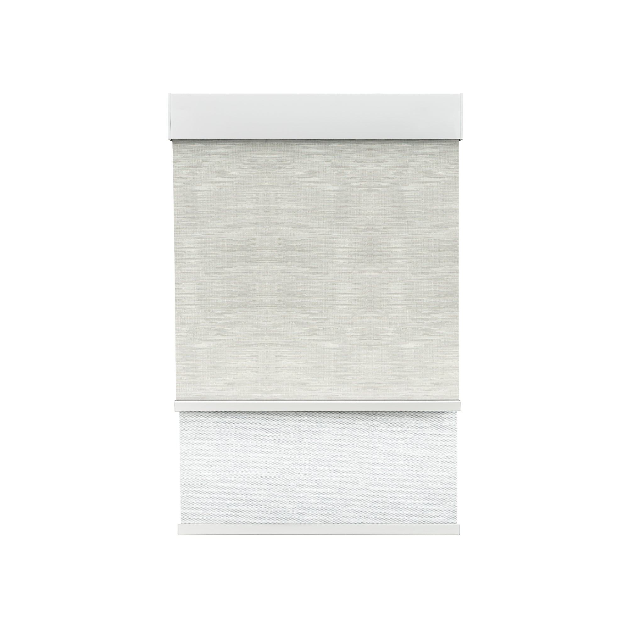 Room Darkening Moonlight White (Front Fabric) & Light Filtering Seafoam White (Back Fabric) on Dual-Roller Automatic Shade 