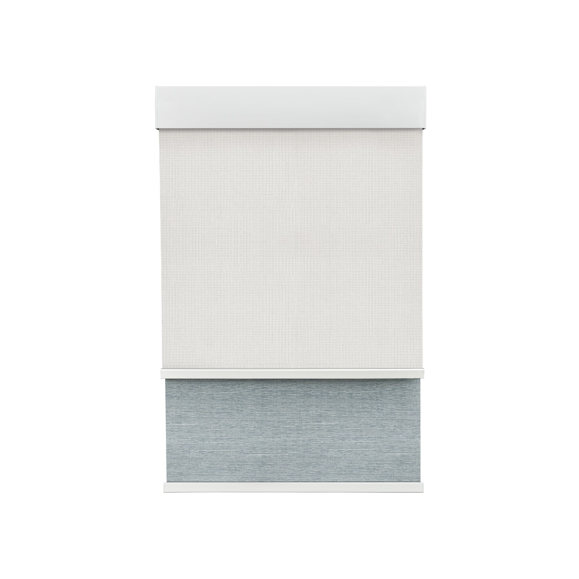Light Filtering White (Front Fabric) & Room Darkening Denim Blue (Back Fabric) on Dual-Roller Automatic Shade 