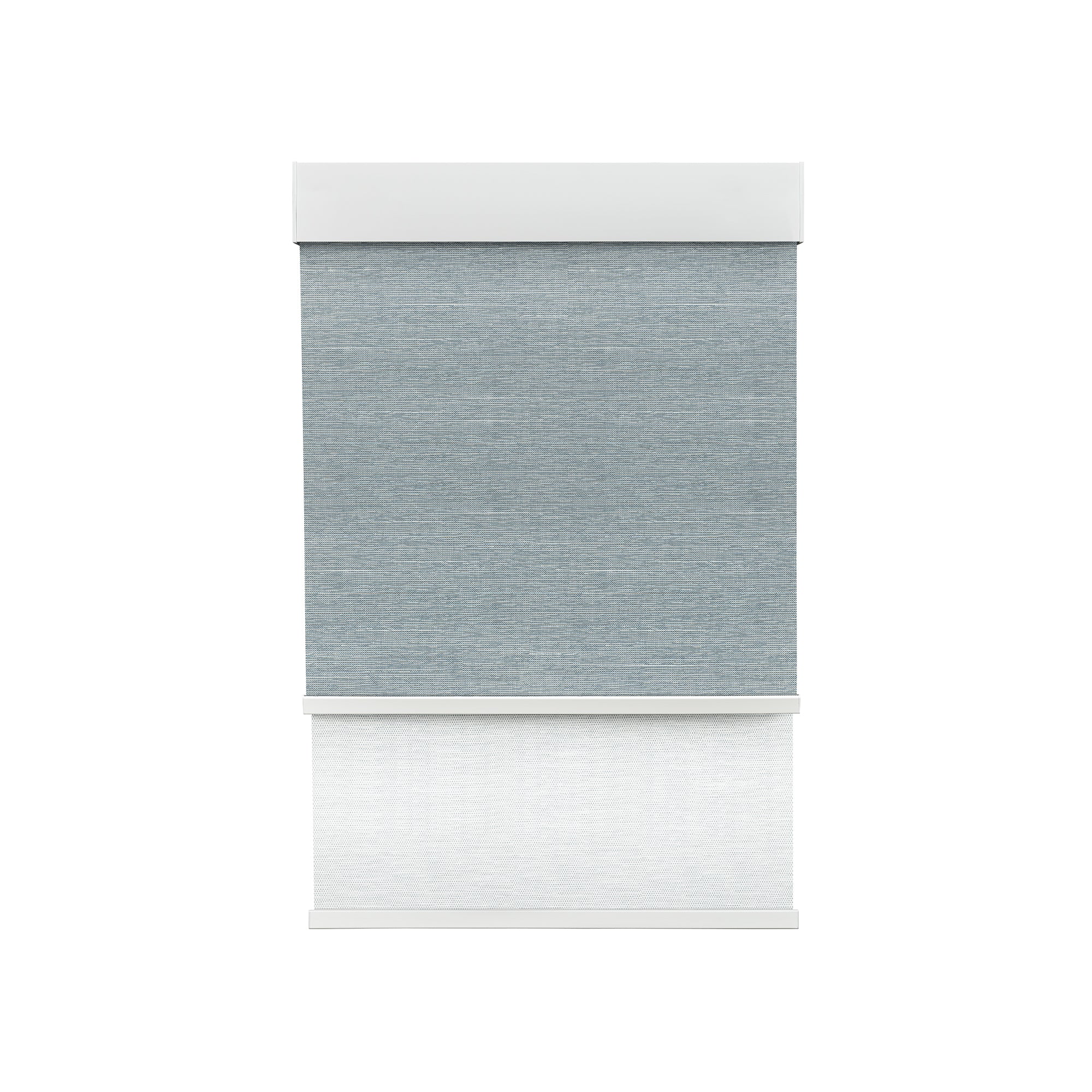 Room Darkening Denim Blue (Front Fabric) & Light Filtering Seafoam White (Back Fabric) on Dual-Roller Automatic Shade 