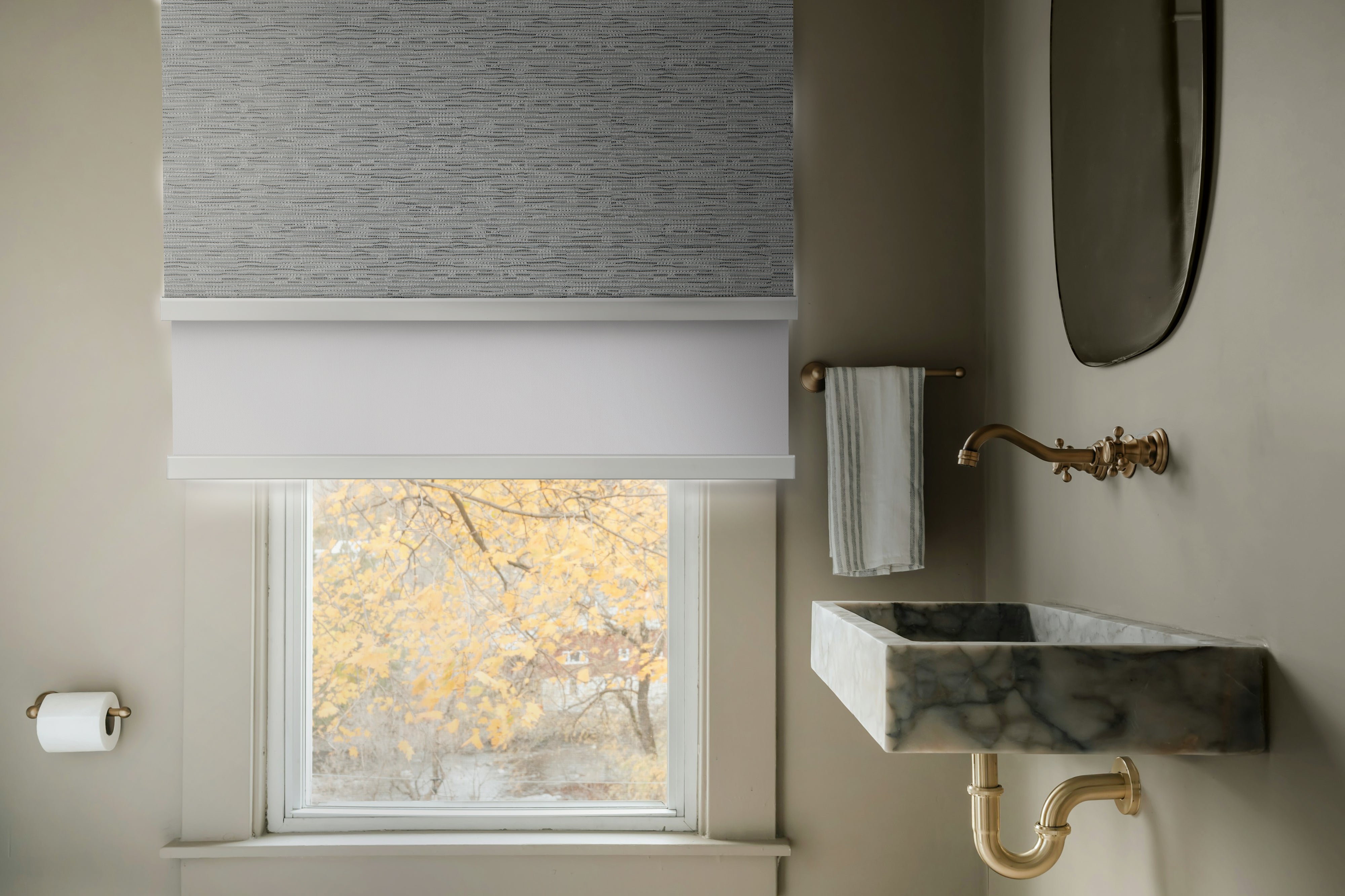 Light Filtering Earl Grey (Front Fabric) & Room Darkening Light Grey (Back Fabric) on Dual-Roller Automatic Shade