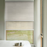Room Darkening Beach Sand (Front Fabric) & Light Filtering Beige (Back Fabric) on Dual-Roller Automatic Shade