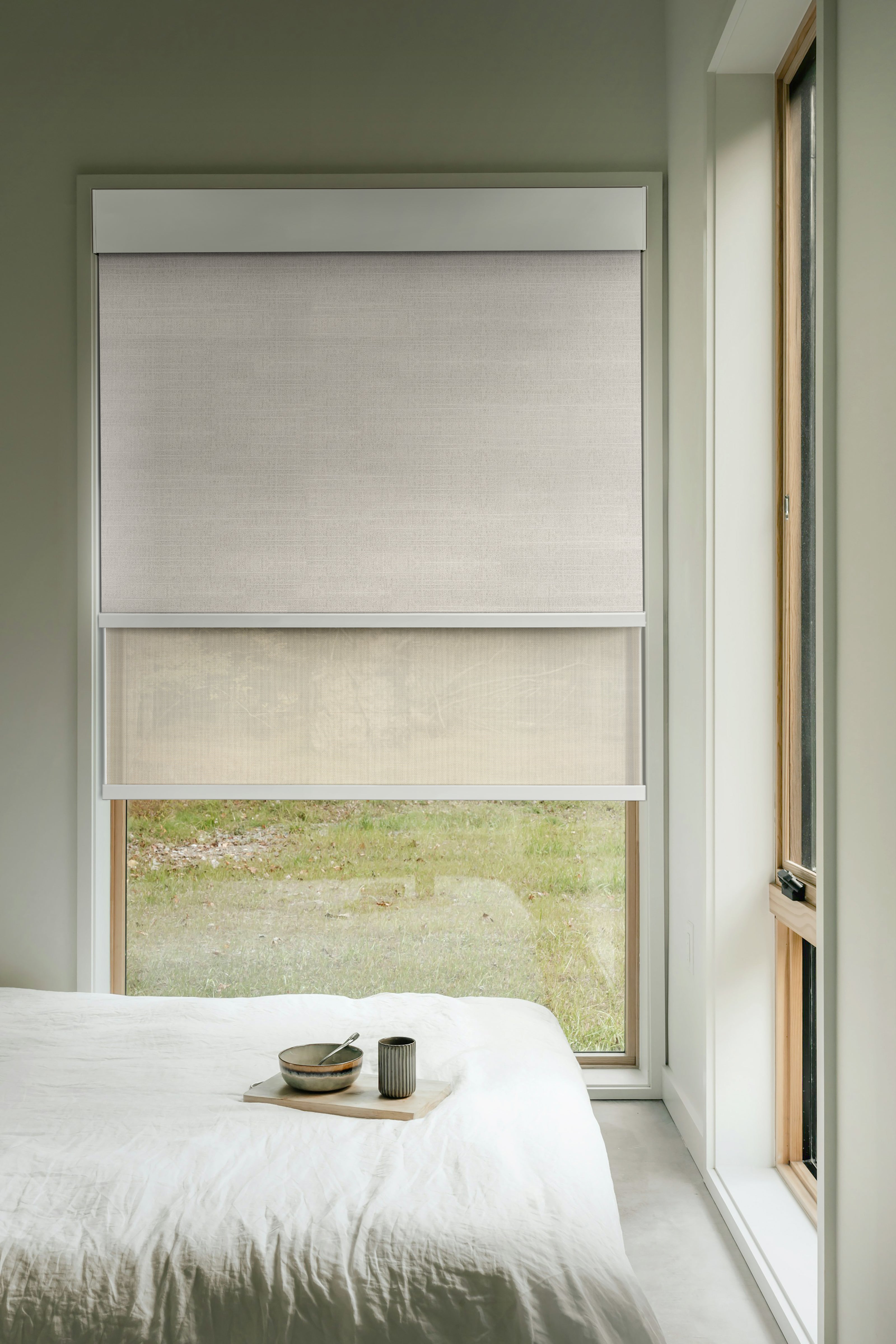 Room Darkening Beach Sand (Front Fabric) & Light Filtering Beige (Back Fabric) on Dual-Roller Automatic Shade