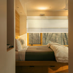 Room Darkening Moonlight White (Front Fabric) & Light Filtering Seafoam White (Back Fabric) on Dual-Roller Automatic Shade