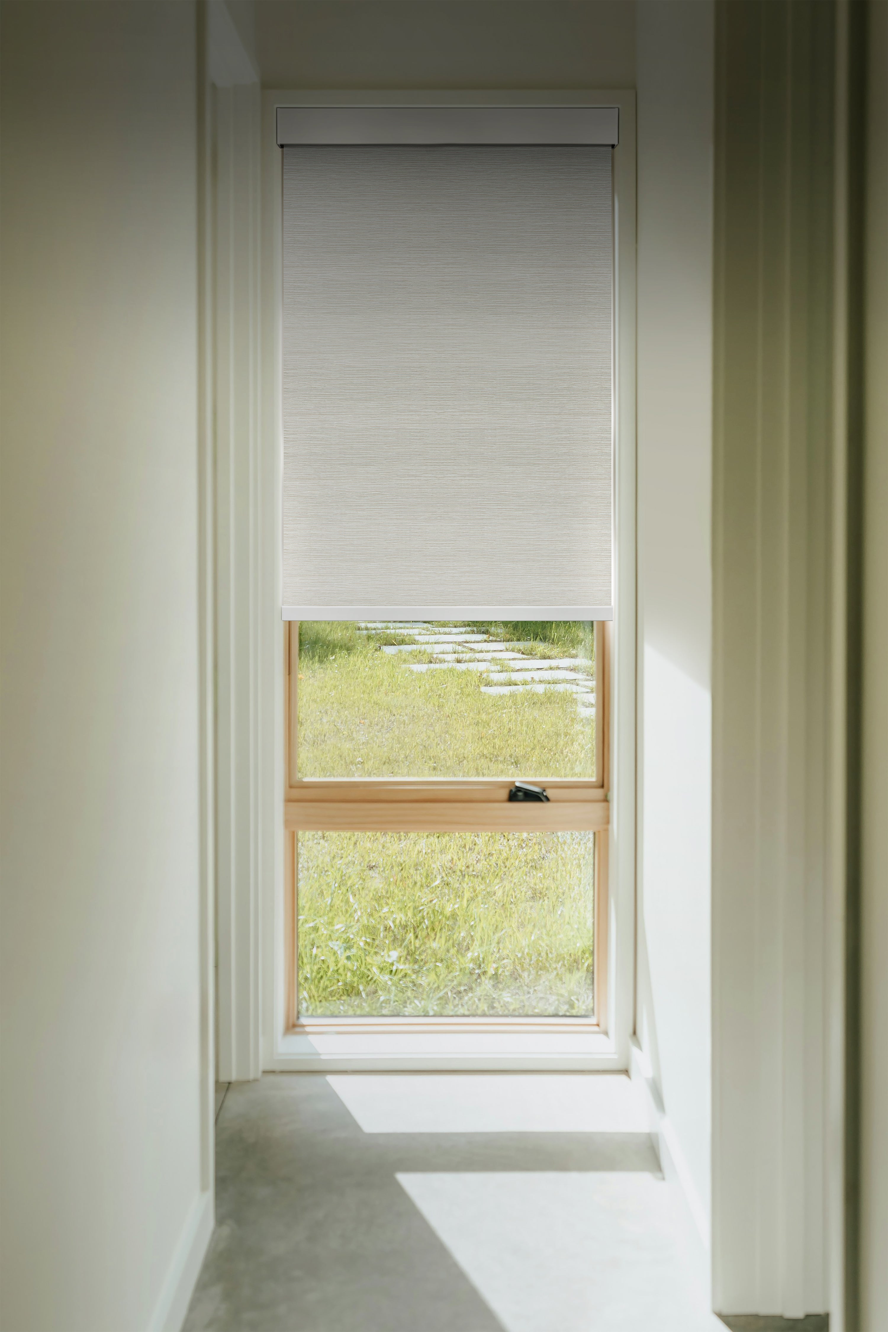 Moonlight White (Room Darkening) on Single Roller Automatic Shade