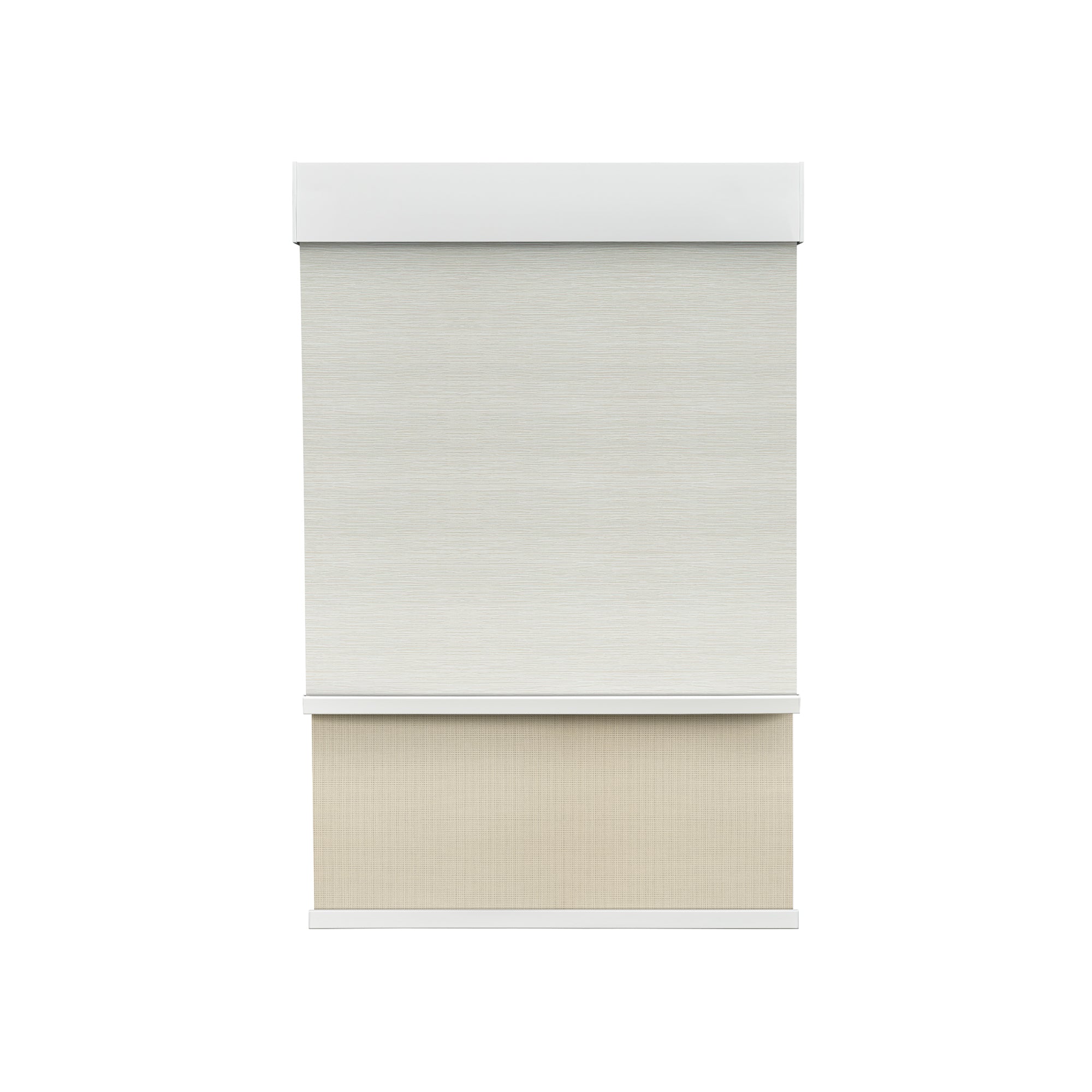 Room Darkening Moonlight White (Front Fabric) & Light Filtering Beige (Back Fabric) on Dual-Roller Automatic Shade 