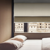 Light Filtering Off White (Front Fabric) & Room Darkening Mocha Brown (Back Fabric) on Dual-Roller Automatic Shade 
